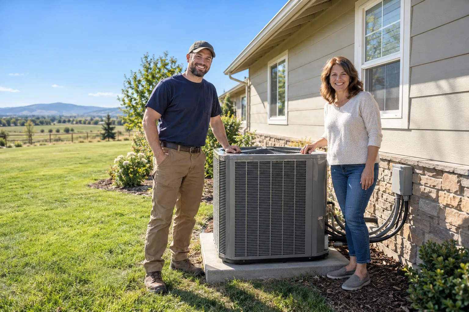 A friendly local provider reviewing a new outdoor air conditioner with a homeowner outside a single-story home in Oklahoma City
