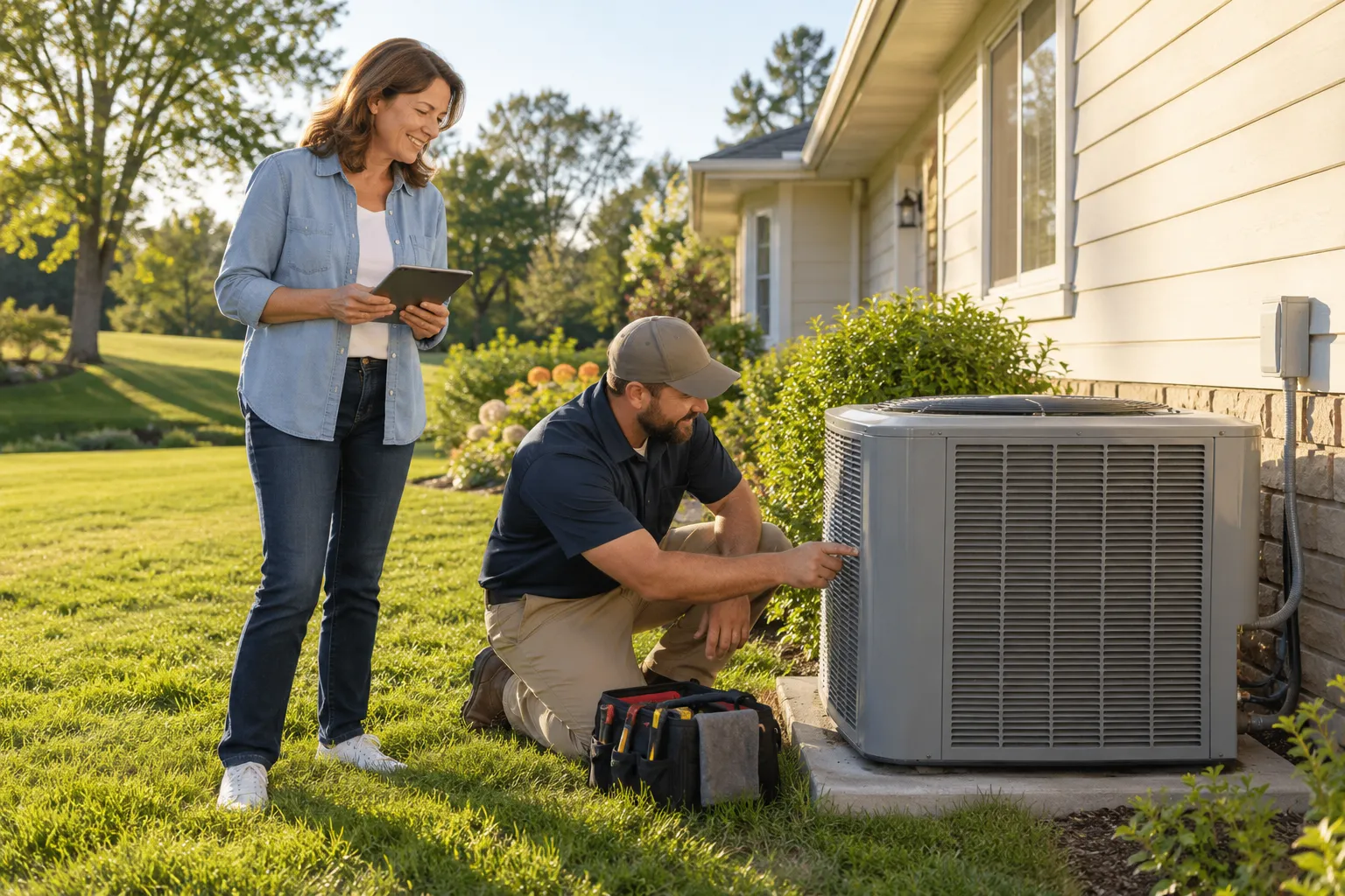 Friendly homeowner pointing out the outdoor AC unit to a local HVAC provider at a ranch-style home in Oklahoma City