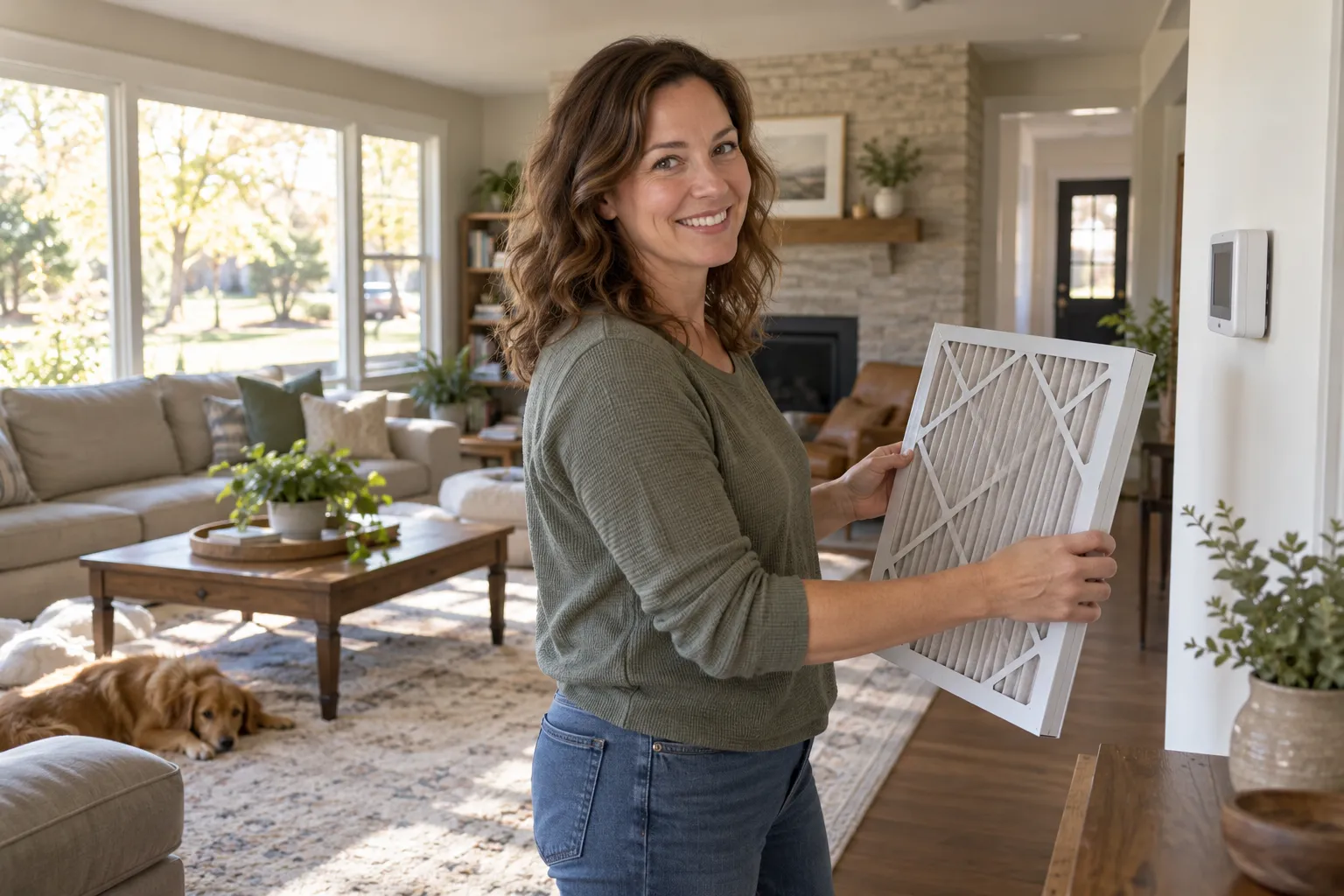 A homeowner checking a thermostat and air filter at home in the Oklahoma City area