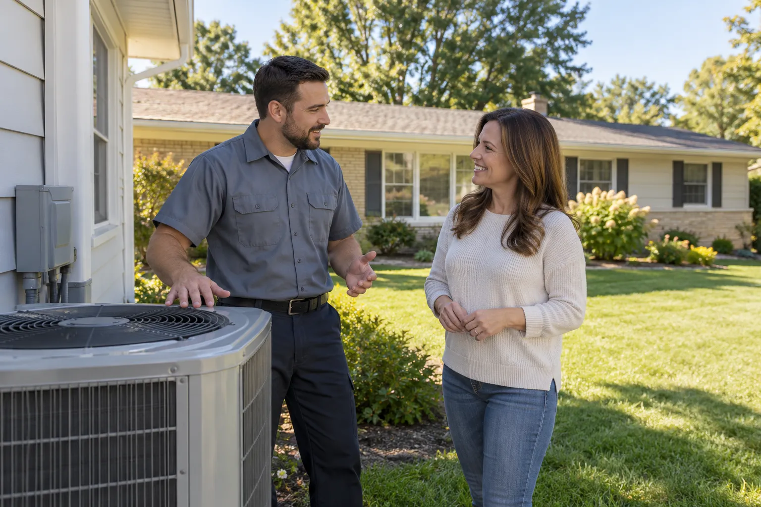 A homeowner in Oklahoma City talking with a friendly HVAC provider beside an outdoor air conditioner